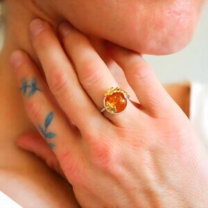 Baltic Amber Ring with Tiny Gold Flowers- Sterling Silver